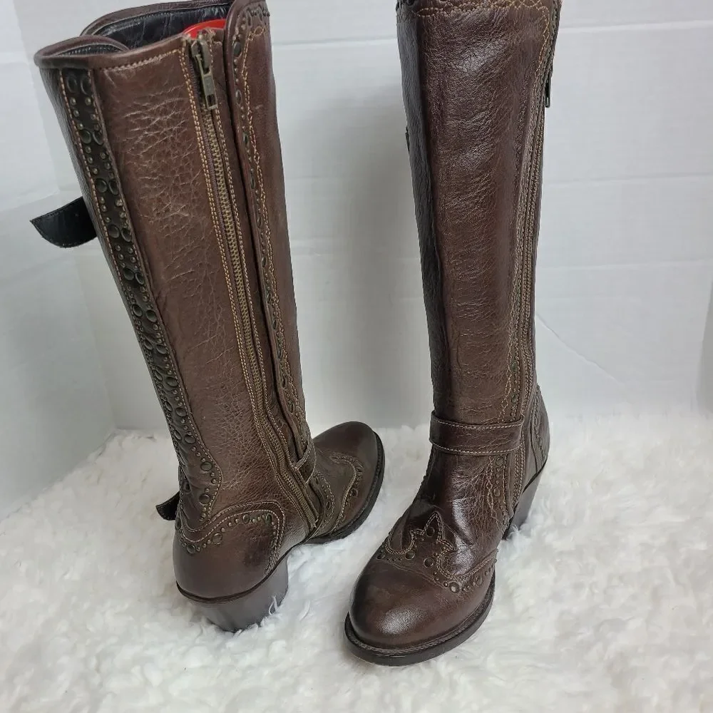 Black Star Women's Boots Size 8.5 Brown Leather Studded Zipper Western Cowboy